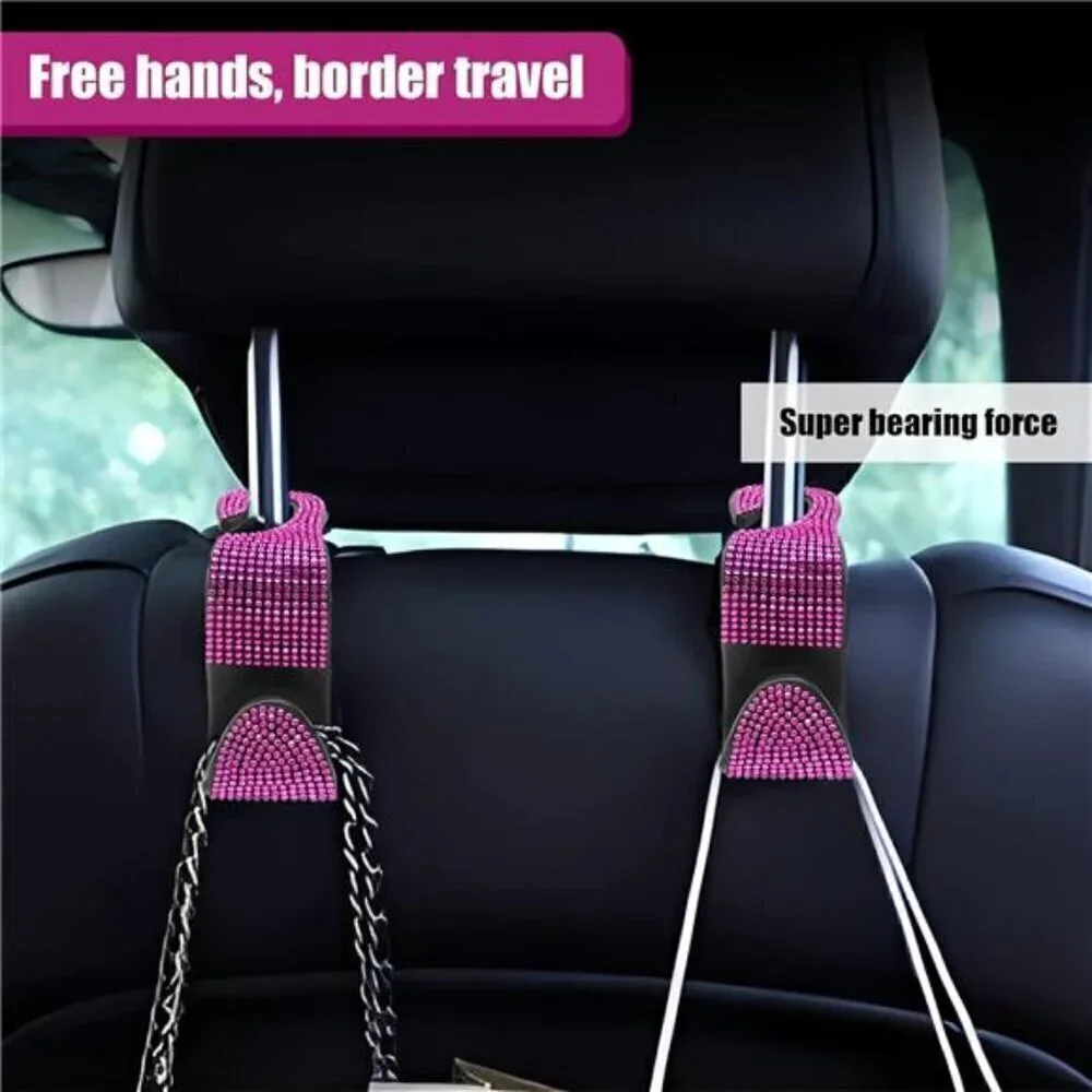 Pink Bling Car Seat Hooks (2 Pack) Bling Rhinestones Crystal Hanger Organizer